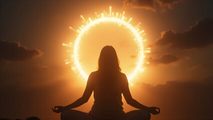 Spirit Guide Soul silhouette radiating clarity framed by aura rings in silence, capturing the essence of healing, inner radiance, and universal presence