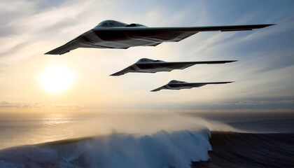 Three stealth bombers soar above ocean waves.