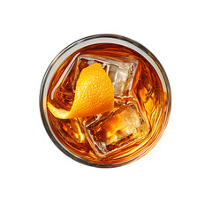 Top View of a Glass with Iced Whiskey and an Orange Twist