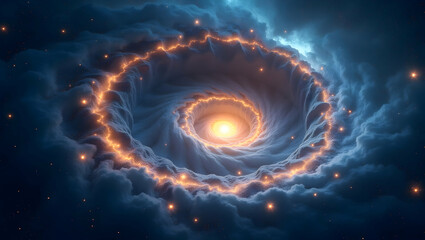 Spirit Guide Spiral vortex made of stars set against a swirling nebula sky, marking the moment of spiritual breakthrough and dimensional transition