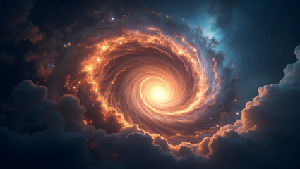 Spirit Guide Spiral vortex made of stars set against a swirling nebula sky, marking the moment of spiritual breakthrough and dimensional transition