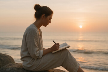 Young woman writing in notebook at sunset on beach