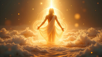 Spirit Guide Spirit wrapped in internal aura surrounded by halos of soft golden waves, with radiant streams of light flowing outward, representing a spiritua