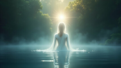 Spirit Guide Transparent being with radiant aura appearing within a mirror of water, representing the silent wisdom and supportive presence of a spiritual guide