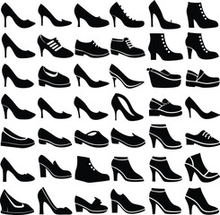 Variety of Black and White Shoe Silhouettes collection various shoe silhouettes black white Different styles designs are displayed including heels flats boots