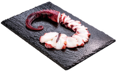 Closeup,Raw Tentacles of octopus on black plate on white background, kraken tentacles with suckers isolate on white with clipping path PNG File.