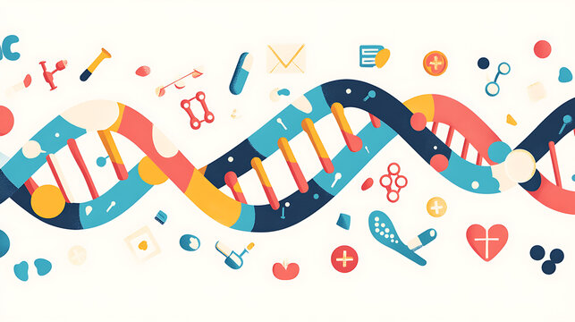 Colorful DNA Strand with Scientific Symbols and Icons