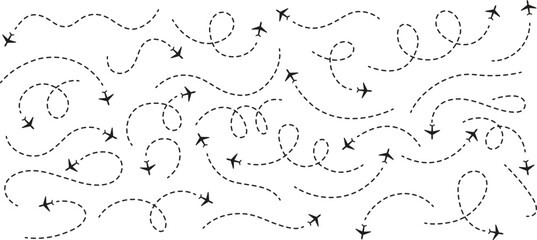 Travel concept Dotted path airplane Aircraft tracking. Line path vector icons of air plane flight routes with start point and dash line trace