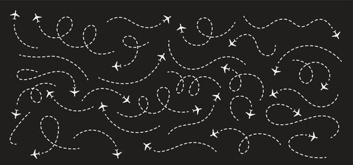 Travel concept Dotted path airplane Aircraft tracking. Line path vector icons of air plane flight routes with start point and dash line trace
