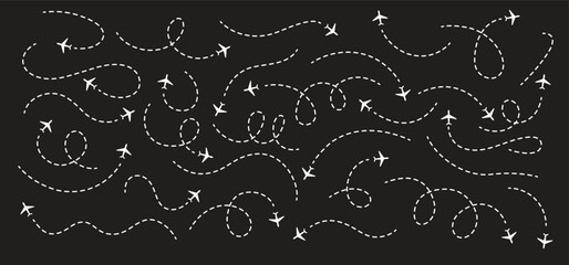 Travel concept Dotted path airplane Aircraft tracking. Line path vector icons of air plane flight routes with start point and dash line trace © CreatAr8