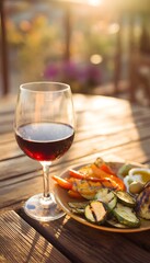 Naklejka premium Glass of red wine with grilled vegetables and olive oil during golden hour