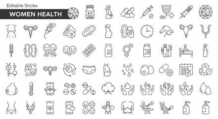 Editable Stroke Women's Health Icons 50+ Line Art Illustrations for Websites and Designs