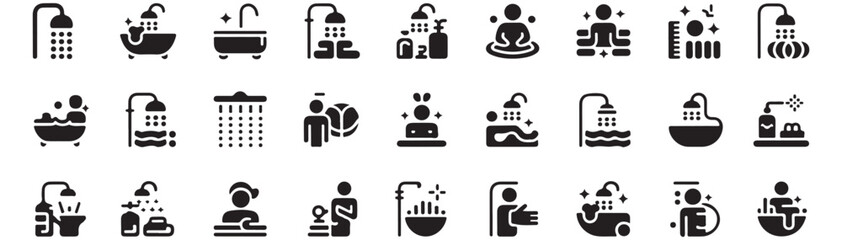 Spa and bath icon set. Vector glyph pictograms of shower, bathtub, sauna, jacuzzi, swimming pool, relaxation, hygiene, wellness, soap bubbles black silhouette illustration. 