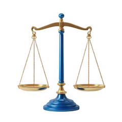 A scale of justice with blue stand and golden arms isolated on white background