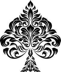 An ace of spades filigree symbol abstract playing card scroll pattern design motif in a vintage etched style