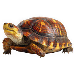Fototapeta premium Close up of a turtle with a brown and yellow shell on a white background pose