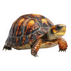 A close up of a turtle with an orange and brown shell on a white background