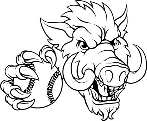 A wild boar, hog razorback warthog pig mean tough cartoon sports mascot holding a baseball or softball ball
