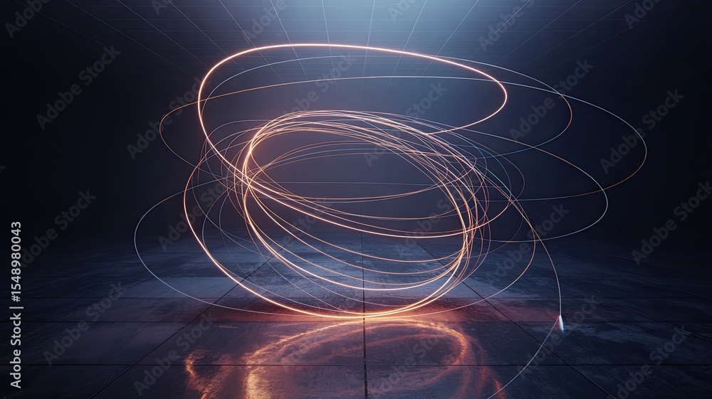 Poster abstract futuristic swirl of glowing light lines reflecting on a dark textured surface creating a mo