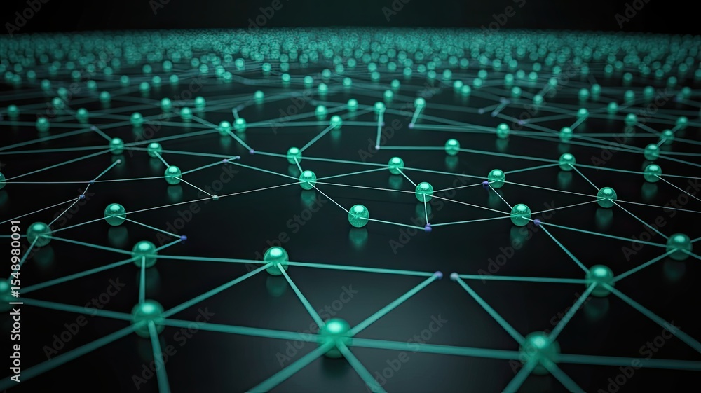 Poster abstract network of teal spheres connected by lines on a dark background representing connectivity a