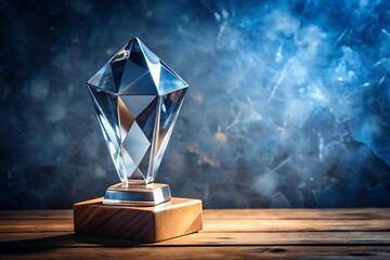 Crystal award trophy on wooden base, dark blue background