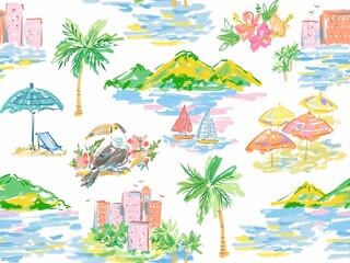 Hand-drawn pastel-themed seamless pattern of summer motifs with a transparent background. Vacation textile design with islands, the ocean, yachts, palm trees, beach umbrellas, hibiscus and toucans.