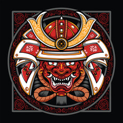 japanese samurai wearing oni mask vector