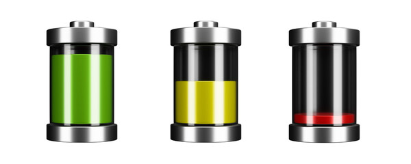 Three Metallic Battery Icons Showing Full Medium Low Charge Levels for Energy Management Interface 3d Illustration