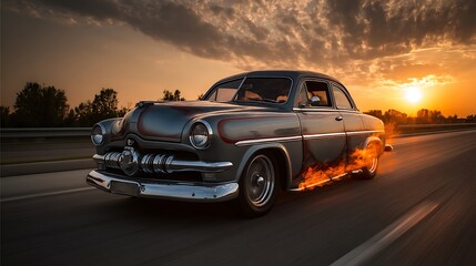 Custom Car with Flame Paint Job on Road at Sunset