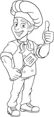 A chef, baker or barbecue cook man giving a thumbs up and holding a BBQ or cooking spatula mascot character illustration