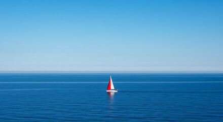 Sailboat at Sea with Clear Sky - Single sailboat on calm ocean with clear blue sky and vast water surrounding, centered composition with empty sea space