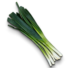 A bunch of fresh leeks, showcasing their vibrant green tops and white bulbs, ideal for culinary use.