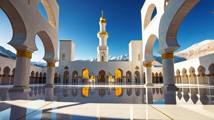 Mosque Minaret Arches Courtyard Reflection Columns Sky Mountains Daylight Architecture - Powered by Adobe