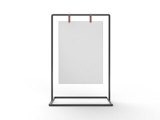 3D Realistic floor standing display mockup with metal base and leather. Blank portable vertical info white placard sign holder stand for presentation poster, banner, ads, products or exhibition info