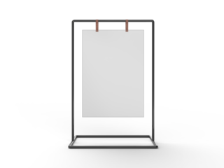 3D Realistic floor standing display mockup with metal base and leather. Blank portable vertical info white placard sign holder stand for presentation poster, banner, ads, products or exhibition info