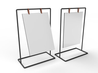 3D Realistic floor standing display mockup with metal base and leather. Blank portable vertical info white placard sign holder stand for presentation poster, banner, ads, products or exhibition info