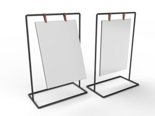 3D Realistic floor standing display mockup with metal base and leather. Blank portable vertical info white placard sign holder stand for presentation poster, banner, ads, products or exhibition info