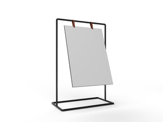 Fototapeta na wymiar 3D Realistic floor standing display mockup with metal base and leather. Blank portable vertical info white placard sign holder stand for presentation poster, banner, ads, products or exhibition info