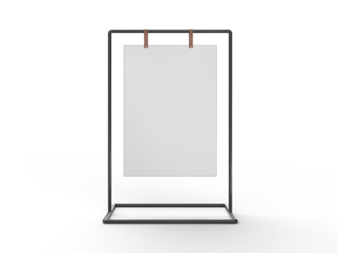 3D Realistic floor standing display mockup with metal base and leather. Blank portable vertical info white placard sign holder stand for presentation poster, banner, ads, products or exhibition info