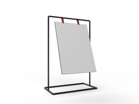 3D Realistic floor standing display mockup with metal base and leather. Blank portable vertical info white placard sign holder stand for presentation poster, banner, ads, products or exhibition info