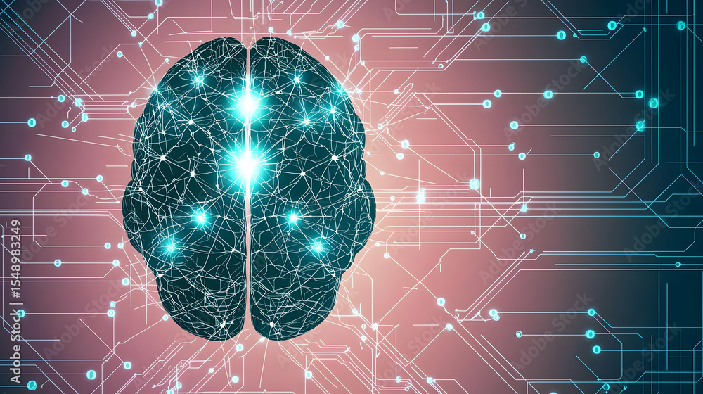 Poster conceptual image of a brain overlaid on a circuit board, representing artificial intelligence. highl