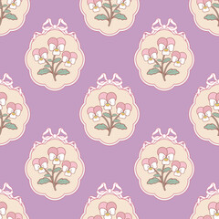 Seamless pattern with pansy flowers in white bow frame on purple background. Repeat design with vintage floral and ribbon crest. 