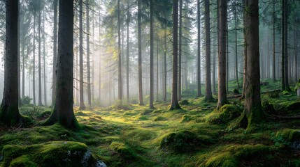 Fototapeta premium A dense forest with tall trees and a mossy ground cover illuminated by sunlight through the fog