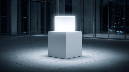 Sleek white cube pedestal with glowing cube on tiled pavement in dimly-lit urban setting, surrounded by modern reflective glass doors, windows, and faint city lights.