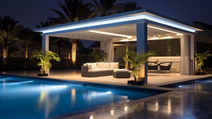 Fototapeta premium Nighttime luxury poolside lounge with glowing water, pale gray modern sunbeds, warm recessed lighting under overhang, and black stone tiles around the pool