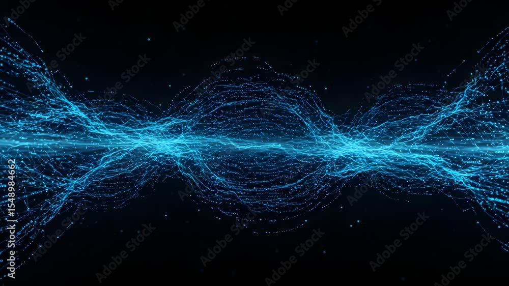 Poster dynamic rippling blue light trails on black background technology network presentation display futur