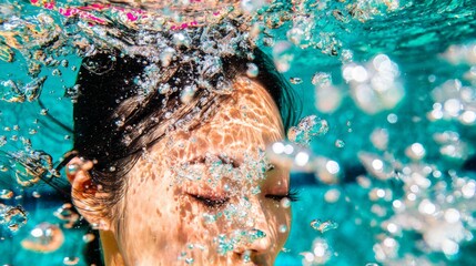 Person underwater with eyes closed, holding breath, surrounded by rising bubbles. Crystal clear water, focused on subject.	