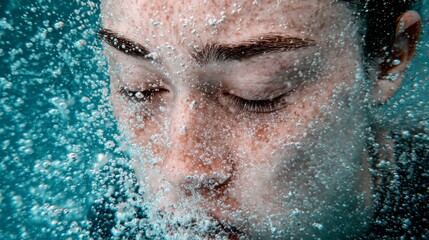 Person underwater with eyes closed, holding breath, surrounded by rising bubbles. Crystal clear water, focused on subject.	