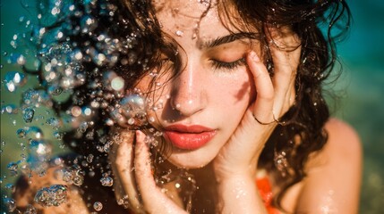 Person underwater with eyes closed, holding breath, surrounded by rising bubbles. Crystal clear water, focused on subject.	