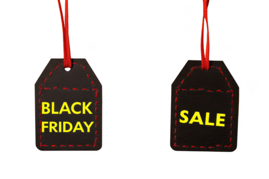 Black friday sale tags isolated on transparent background with red string